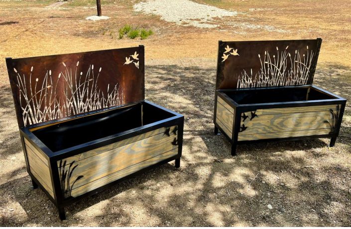 Metal and wooden planters with hummingbird and grass backgrounds
